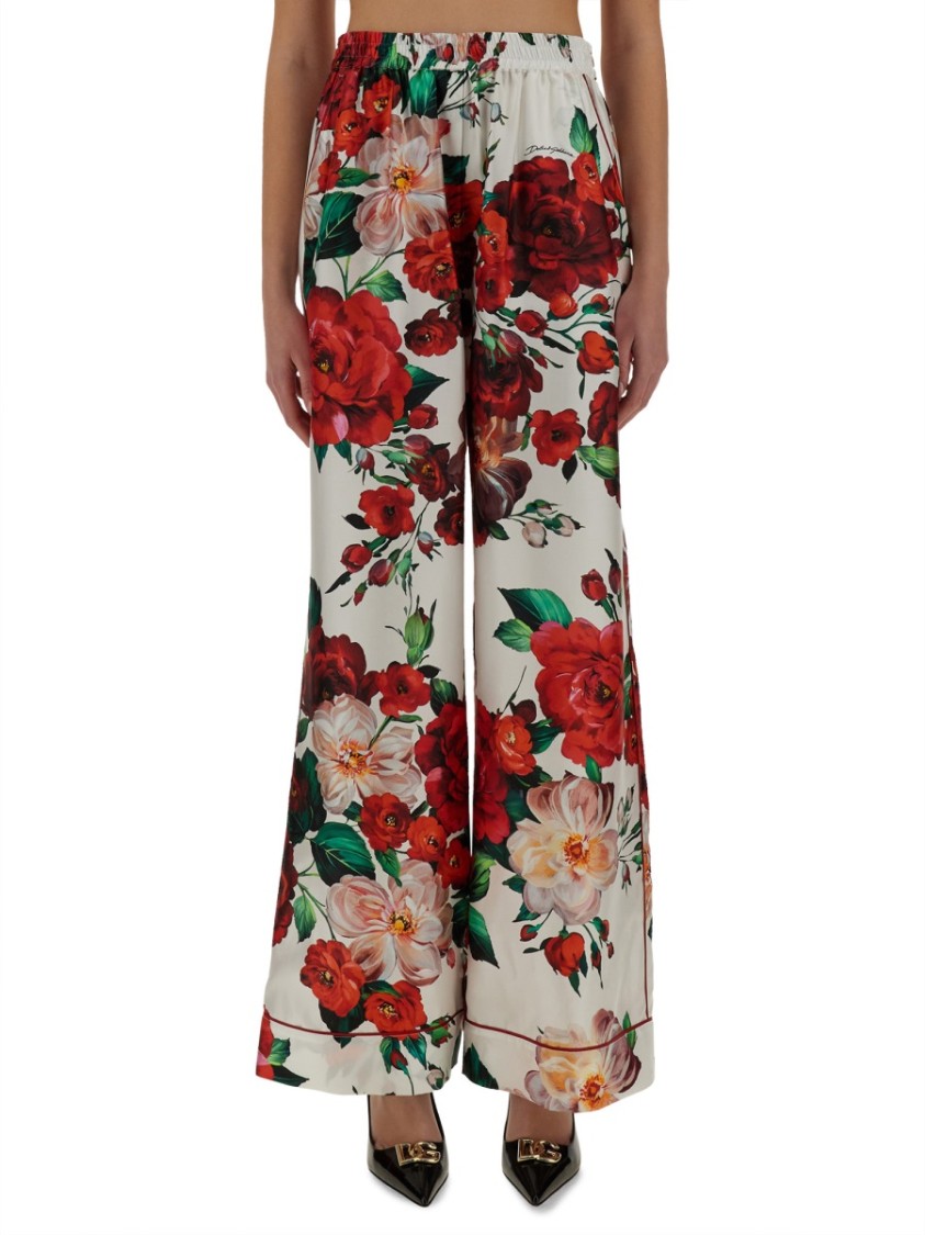 Dolce & Gabbana Satin Pajama Pants With Rose Print In Multicolor