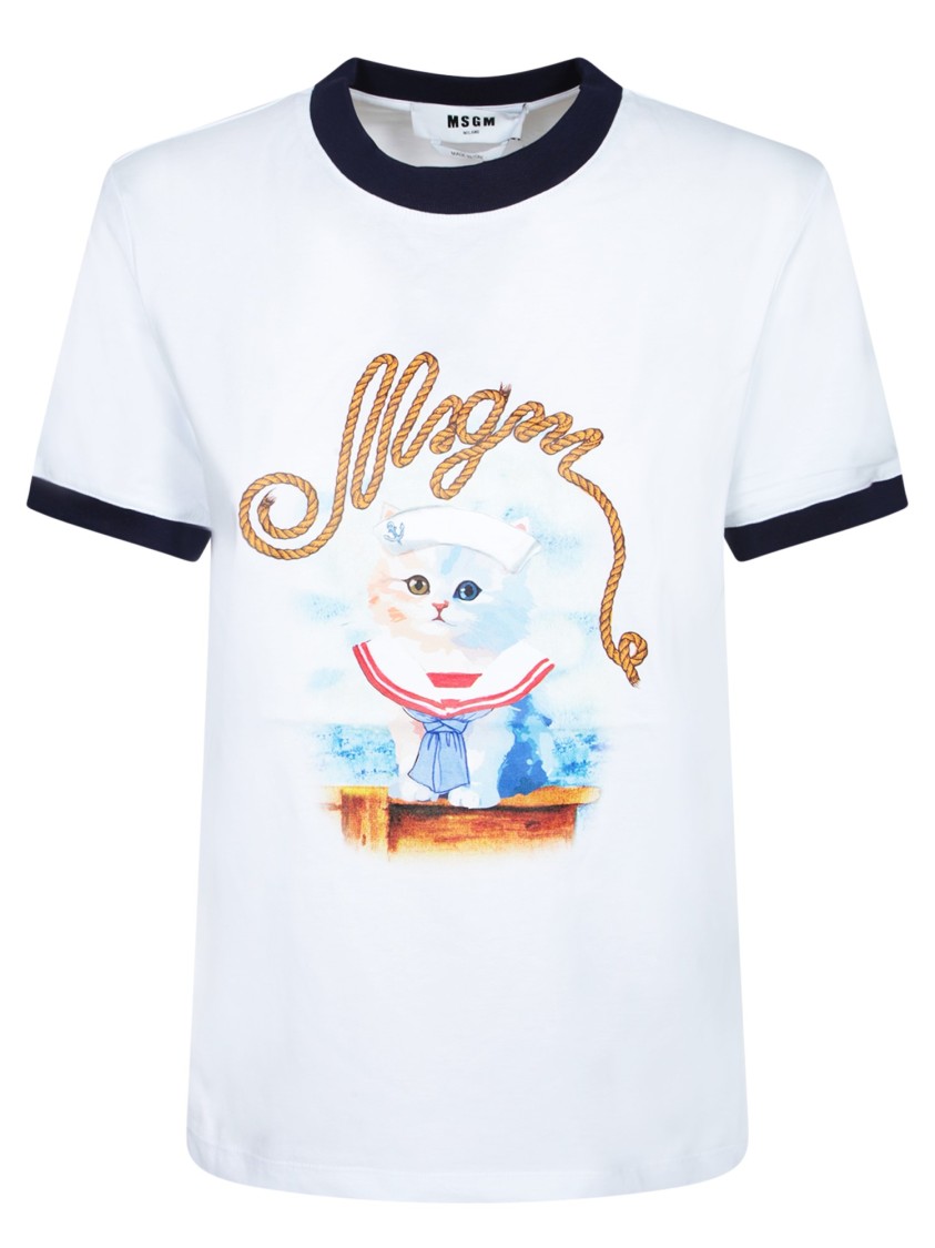 Msgm White Crewneck T-shirt With Logo Print On The Front In Cotton Woman In White