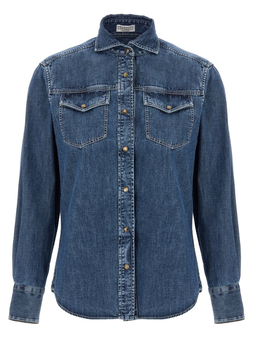 Brunello Cucinelli Cotton Denim Shirt With Structured Collar In Blue