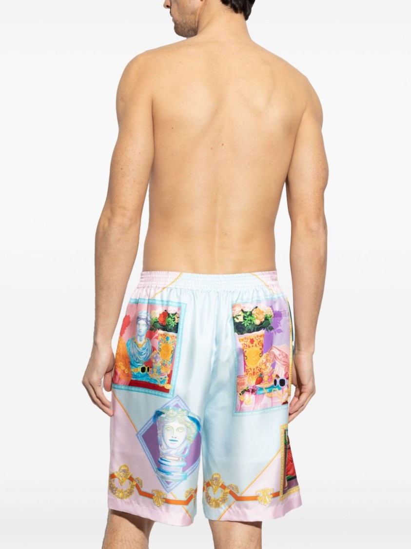 Versace Silk Twill Shorts With Vibrant Classical Motifs In Multicolor