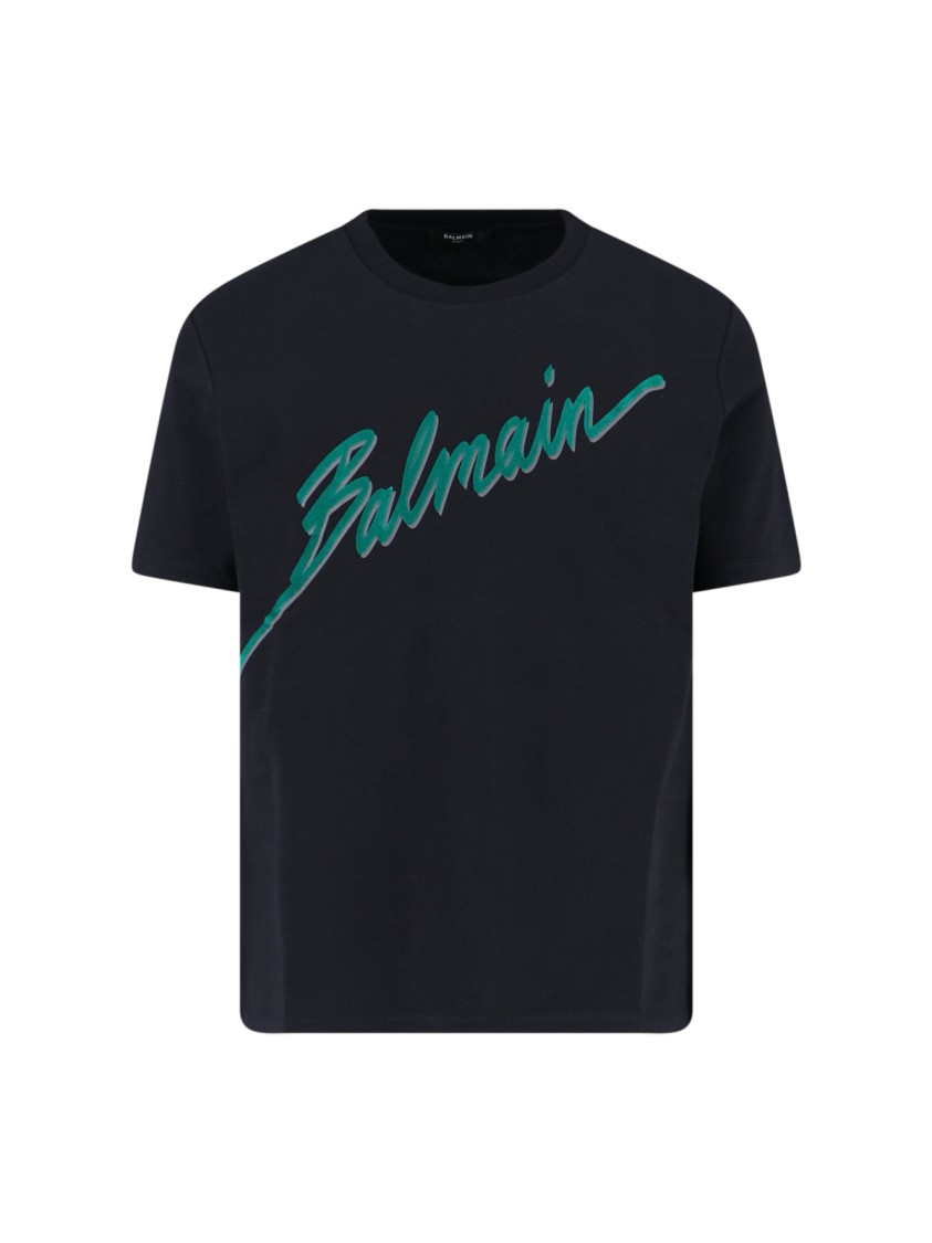 Balmain Black Cotton T-shirt With Striking Green Logo Print