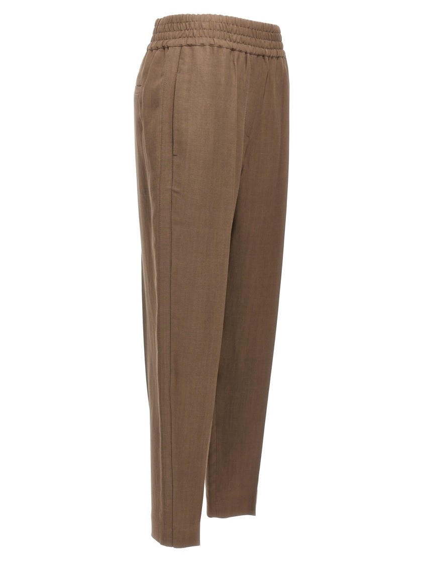 Brunello Cucinelli Brown Linen Blend Trousers With Elastic Waistband In Brown