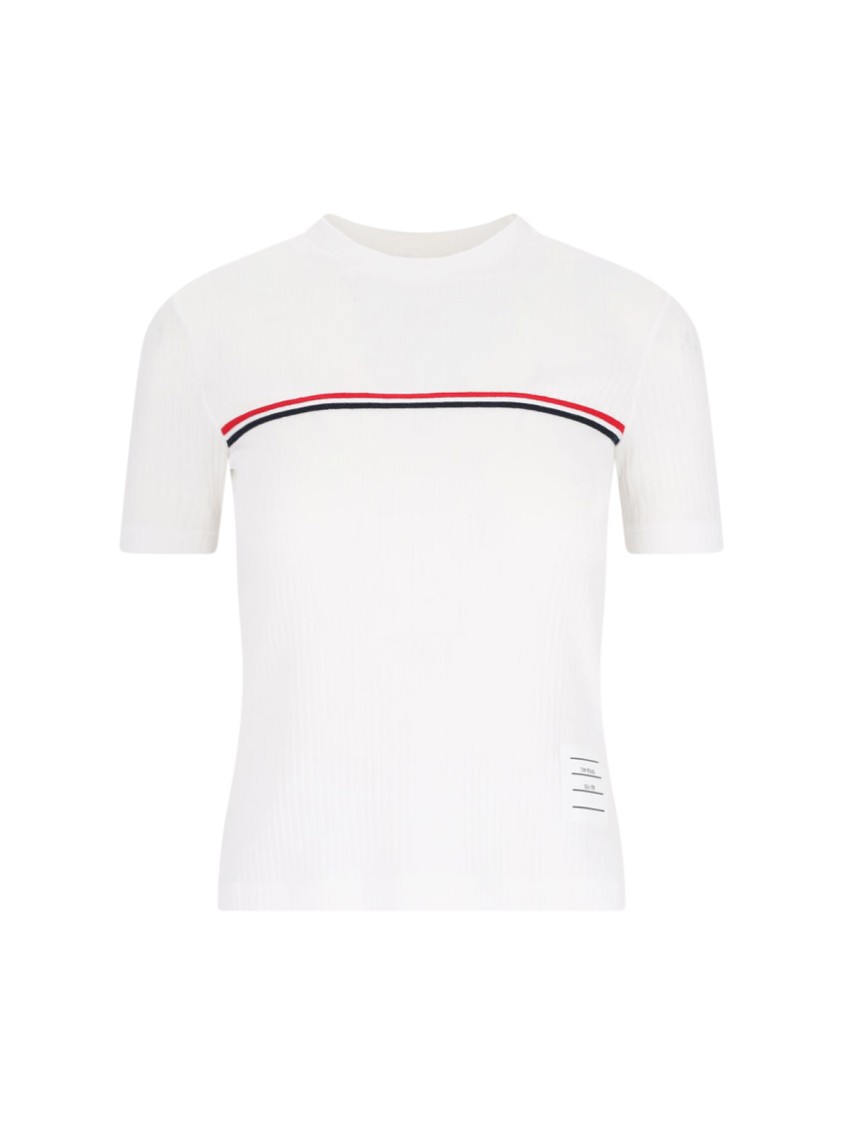 Thom Browne White Crewneck T-shirt With Signature Rwb Stripe In Cotton Woman