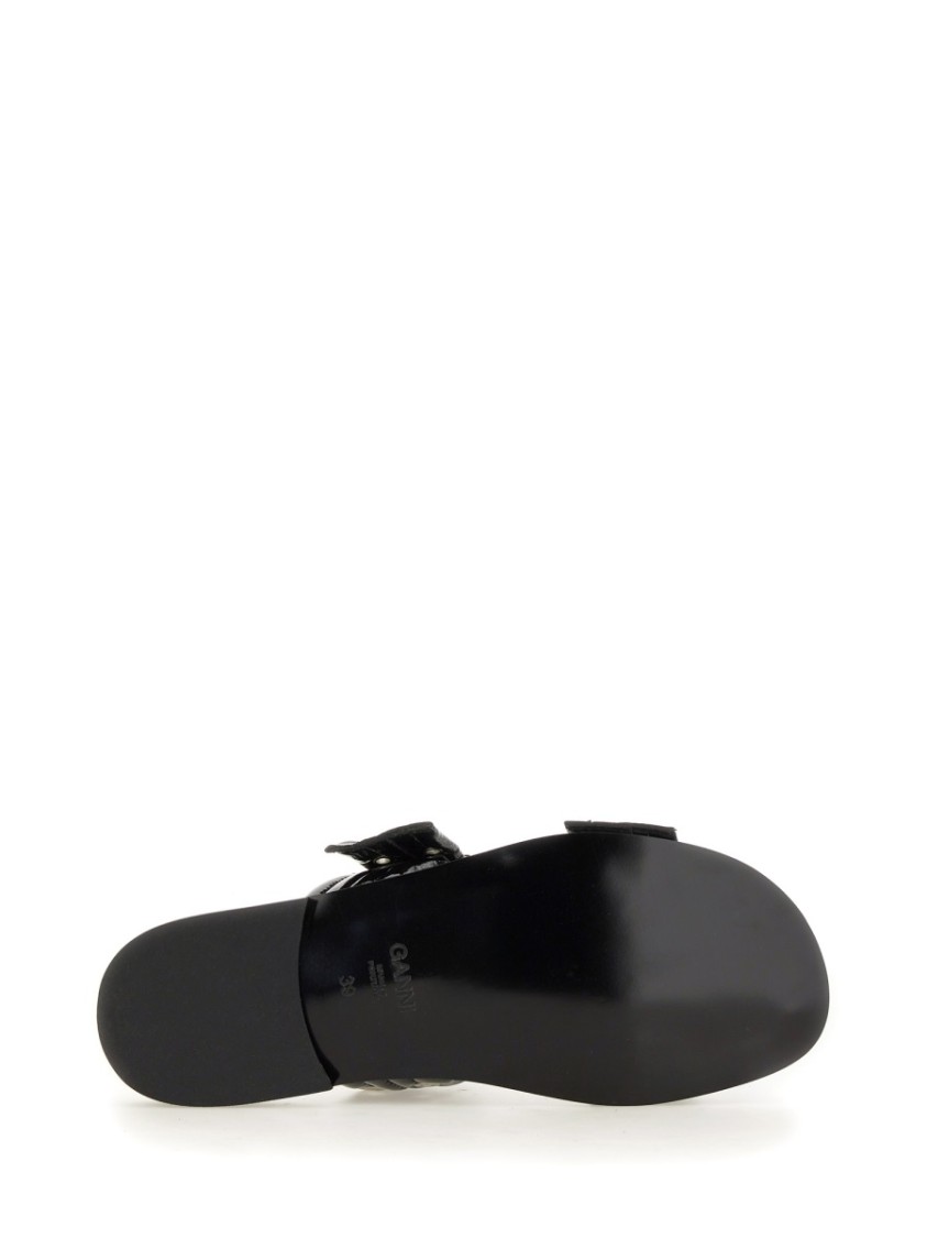 Ganni Buckled Eyelet-embellished Recycled Faux Patent-leather Sandals In Black