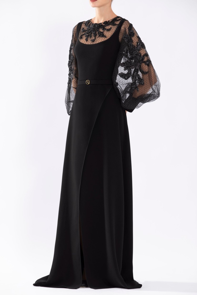 Saiid Kobeisy Crepe Dress With Envelope Skirt And A Beaded Top And Sleeves In Black