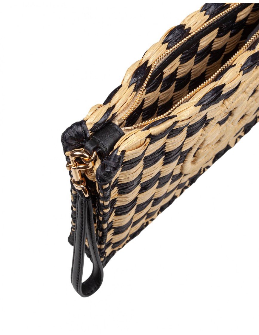TORY BURCH TORY BURCH POUCH ELLA IN RAFFIA NATURAL AND BLACK