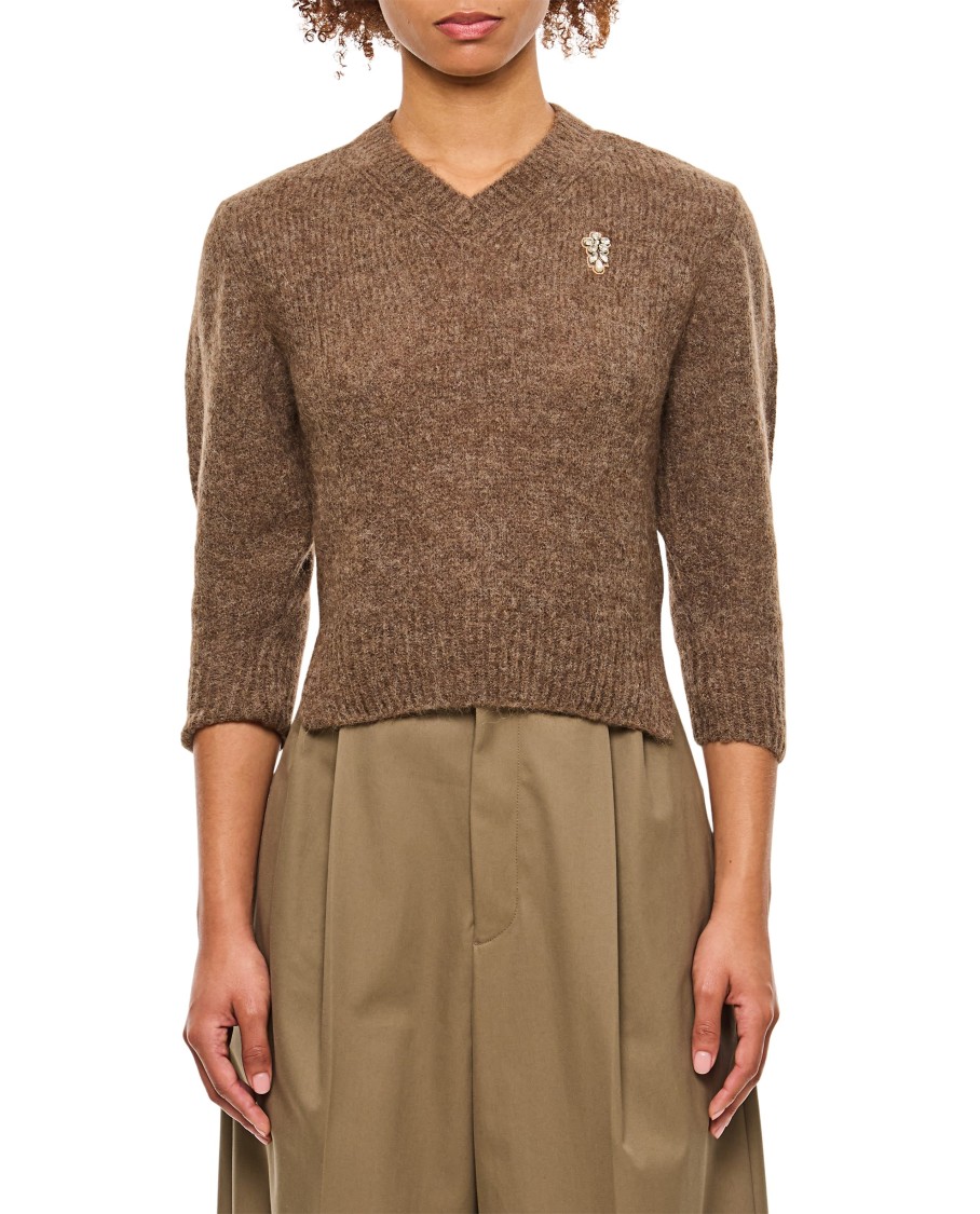 Simone Rocha Cropped V-neck Alpaca Knit Jumper In Brown