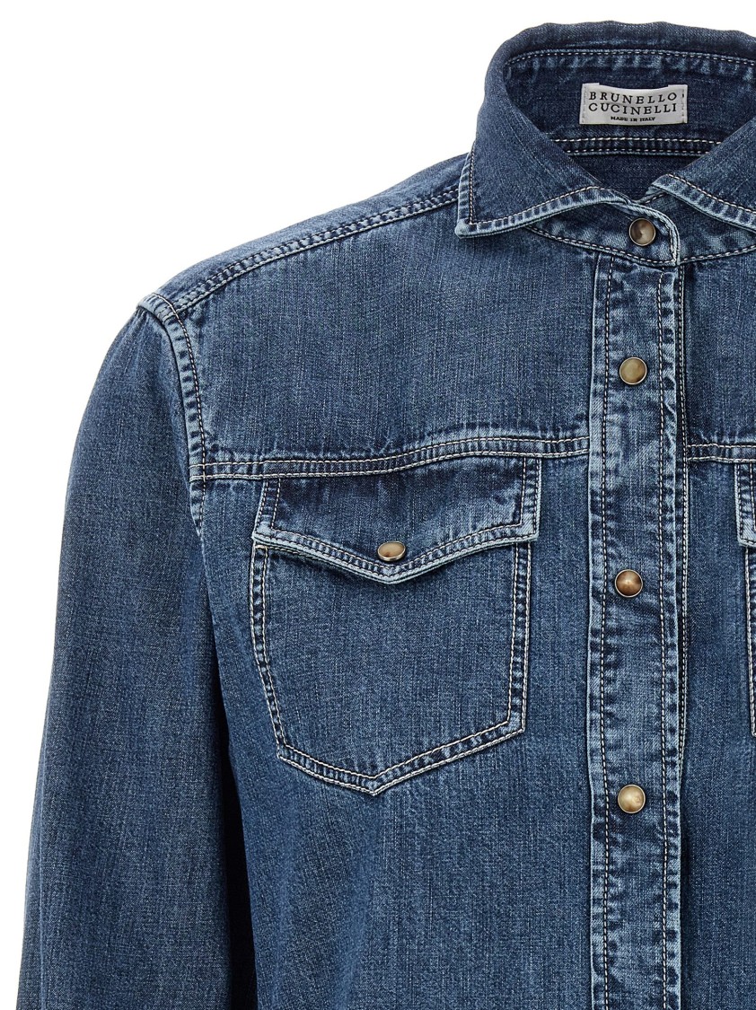 Brunello Cucinelli Cotton Denim Shirt With Structured Collar In Blue