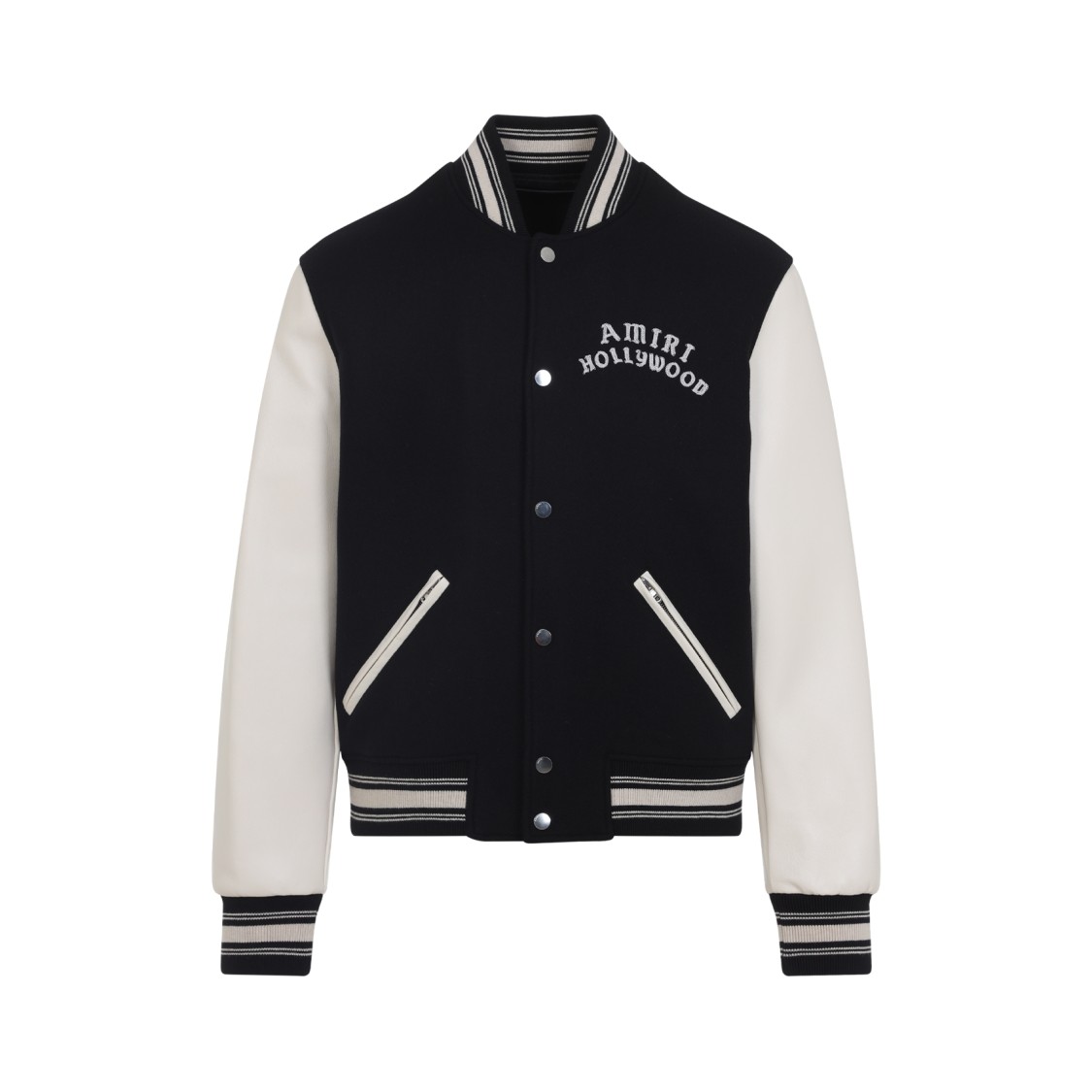 Amiri Mens Hollywood Embroidered-text Wool-leather Blend Bomber Jacket Black Xl In Black