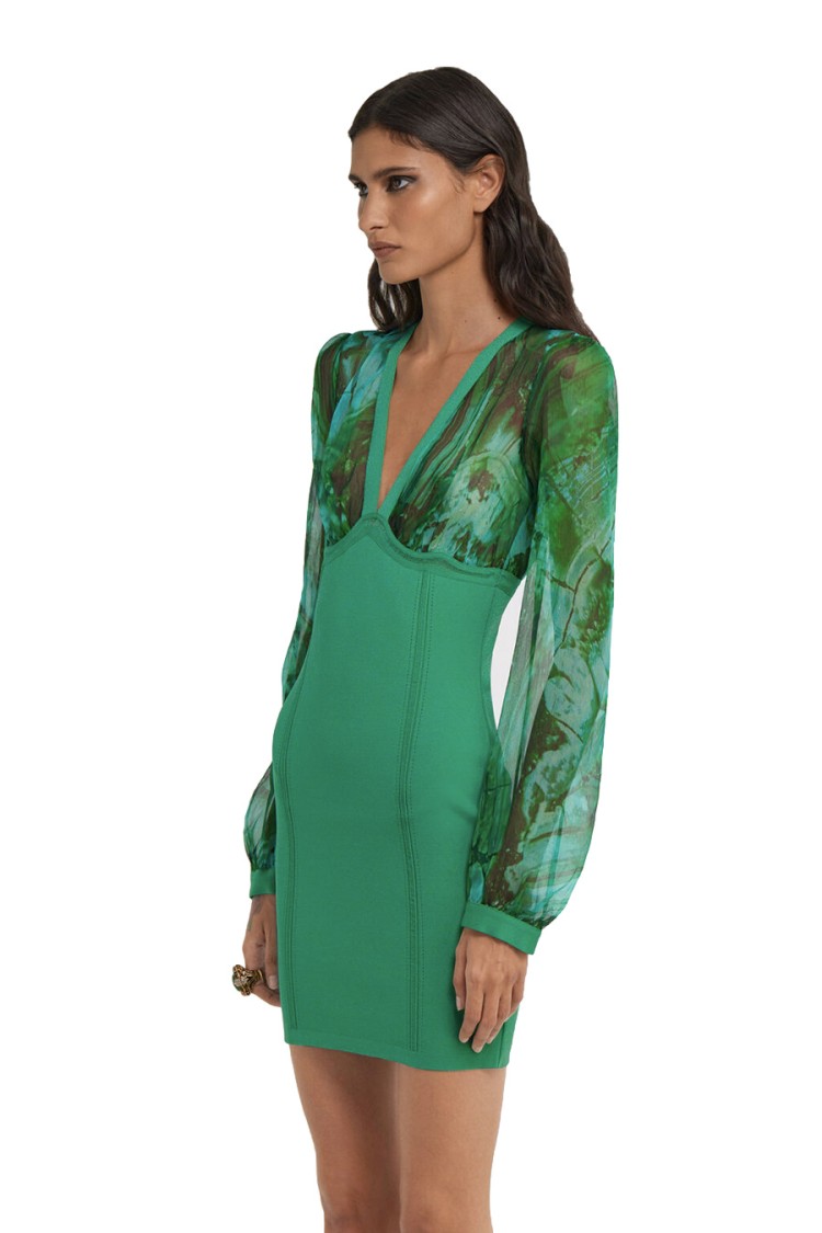 Roberto Cavalli V-neckline Fitted Silhouette Mini Length Sheer Long Sleeves In Green