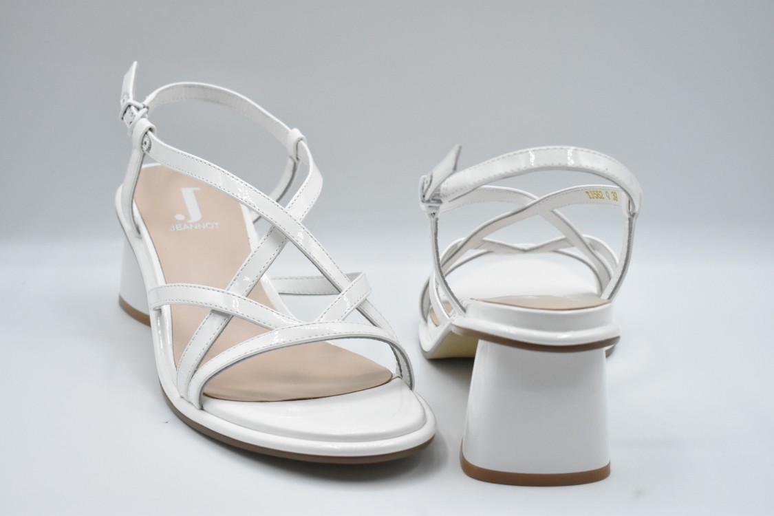 Jeannot Crisscross Strapped White Sandals With Block Heel In Gray