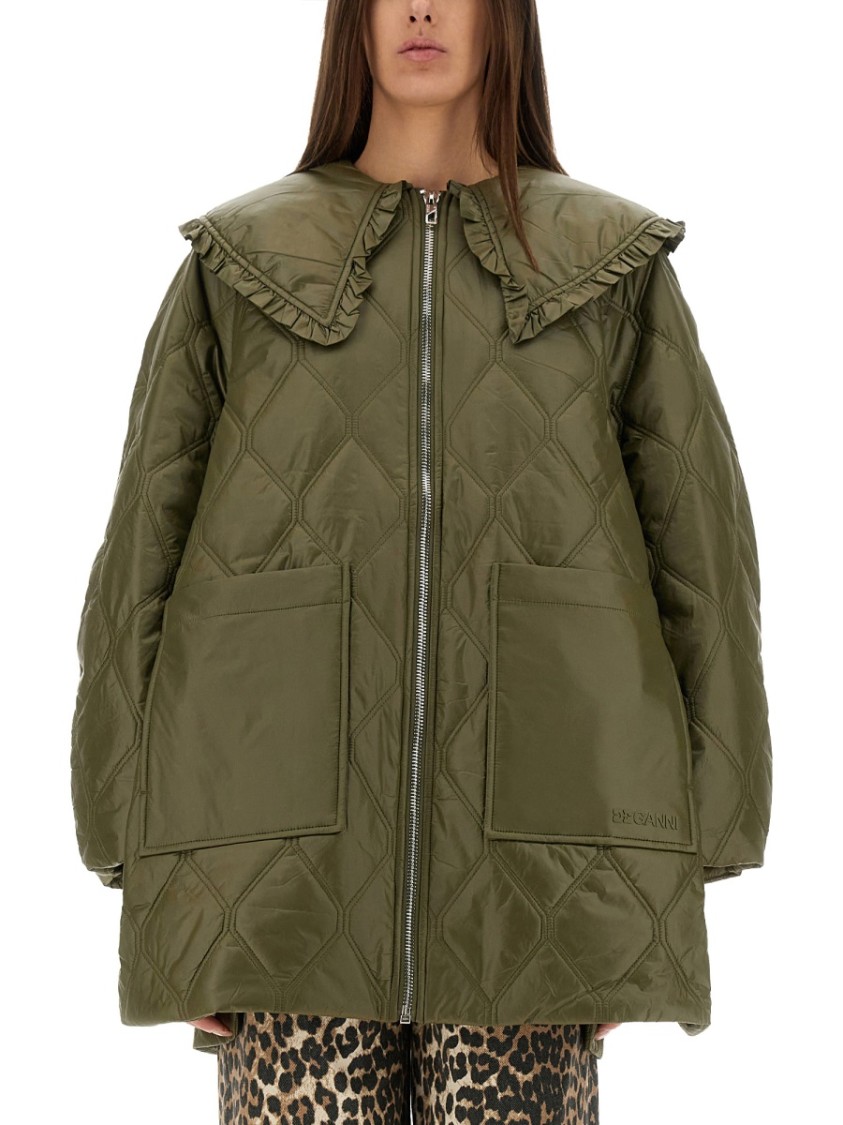 Ganni Lightweight Down Jacket With Oversized Collar In Green