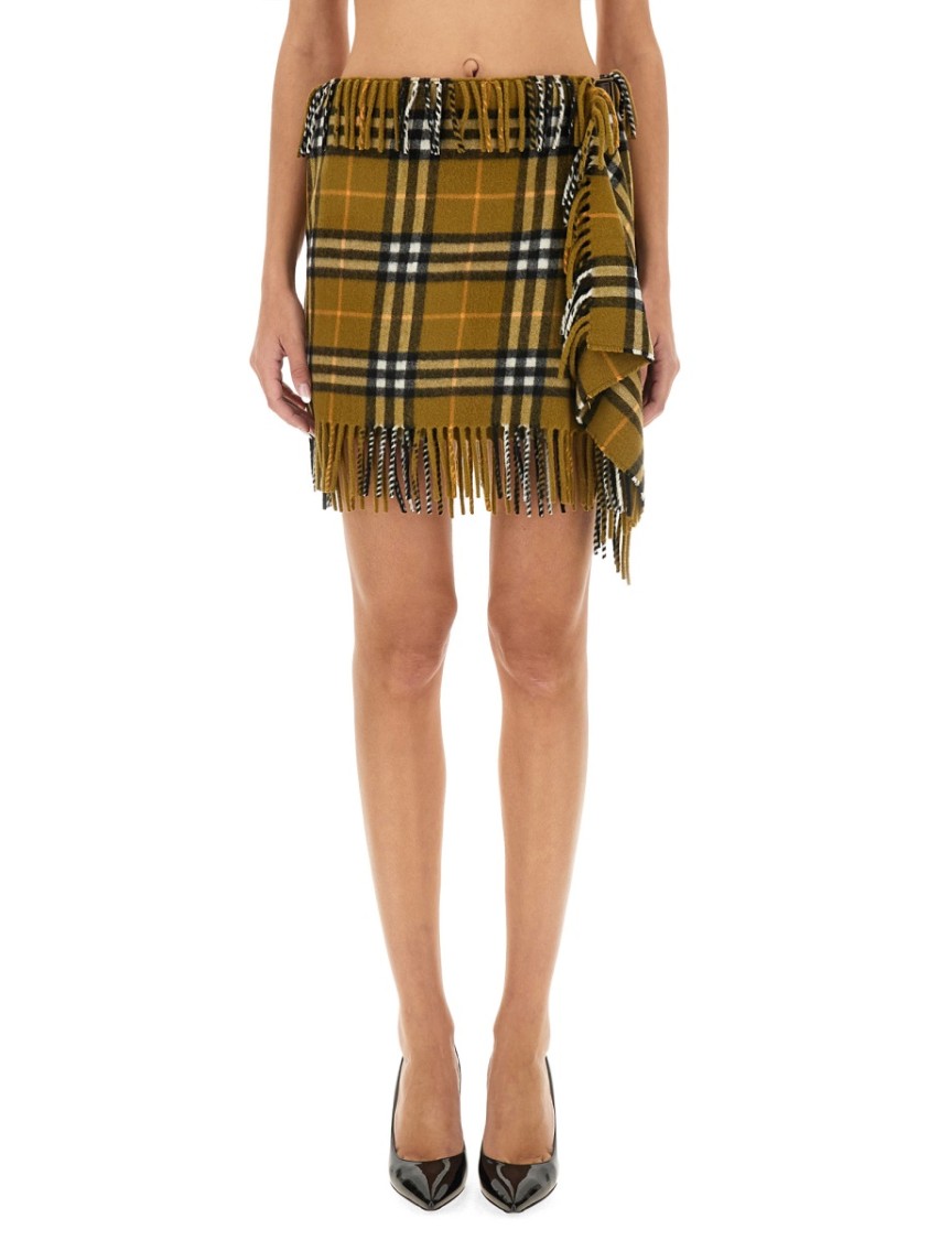 Shop Burberry Wool And Cashmere Check Scarf Style Skirt In Brown