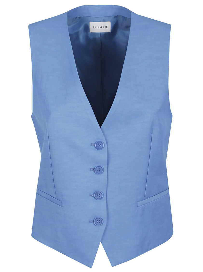 P.A.R.O.S.H PAROSH TAILORED BLUE WAISTCOAT WITH CLASSIC V-NECKLINE