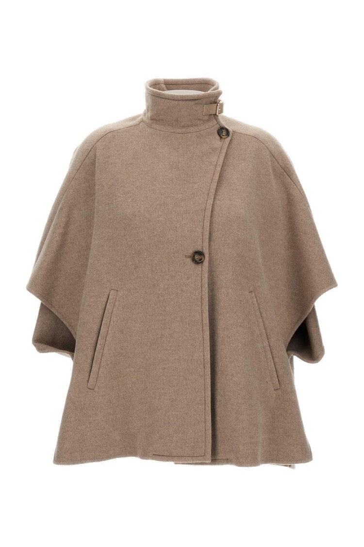 Max Mara Short-sleeve Wool Coat With Buckle Detail And Side Pockets In Brown