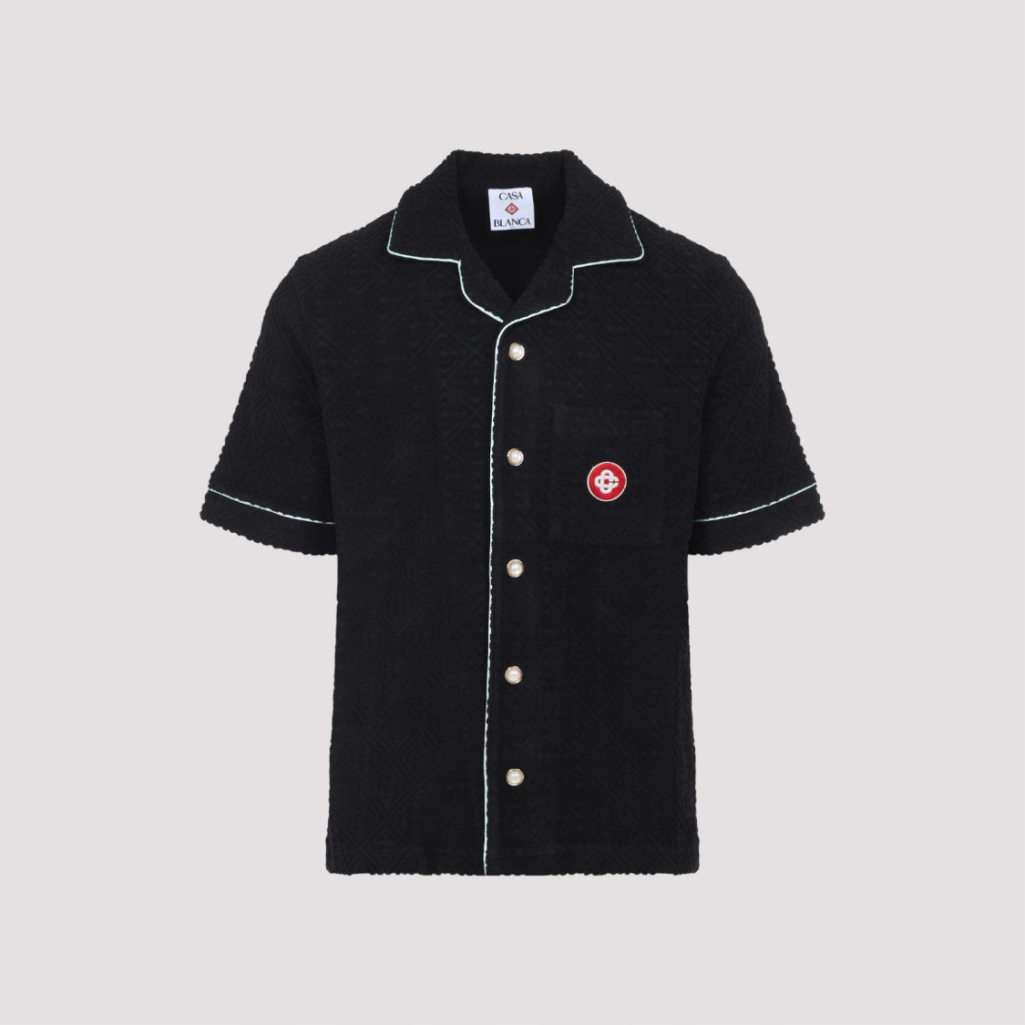 Casablanca Black Shirt With Classic Lapels And All-over Embossed Monogram In Blue
