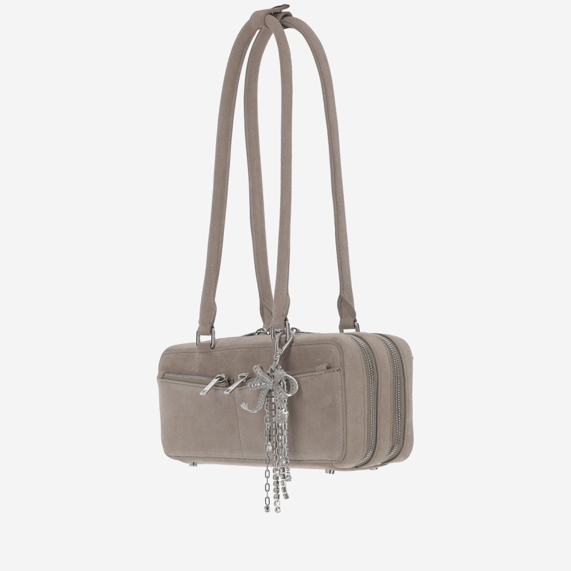 Self-portrait Baguette Shoulder Bag In Suede With Dual Handles In Brown
