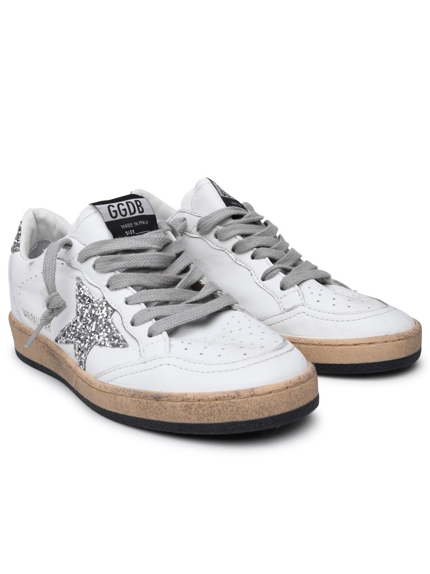 Golden Goose Ball Star Distressed Glittered Leather Sneakers In White