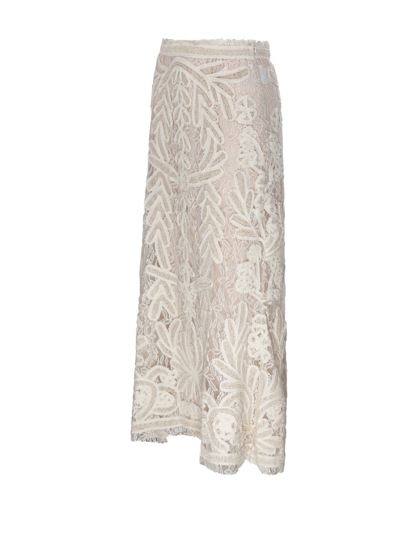 P.a.r.o.s.h Embroidered Lace Overlay Scalloped Sheer Skirt In Neutrals