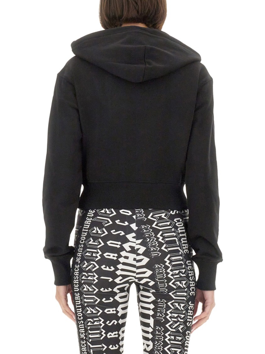 Shop Versace Jeans Couture Cropped Black Sweatshirt With Hood And Logo Detail