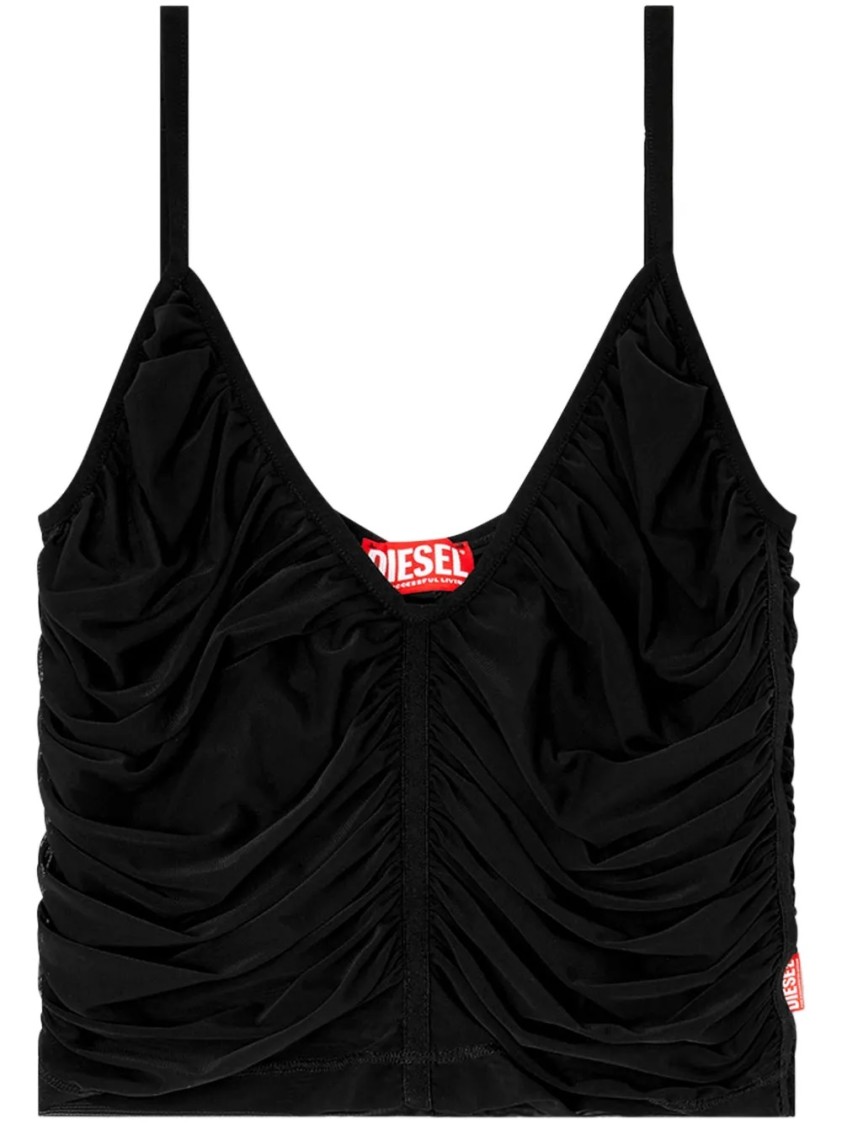 Diesel V-neck Cropped Top With Textured Finish In Black