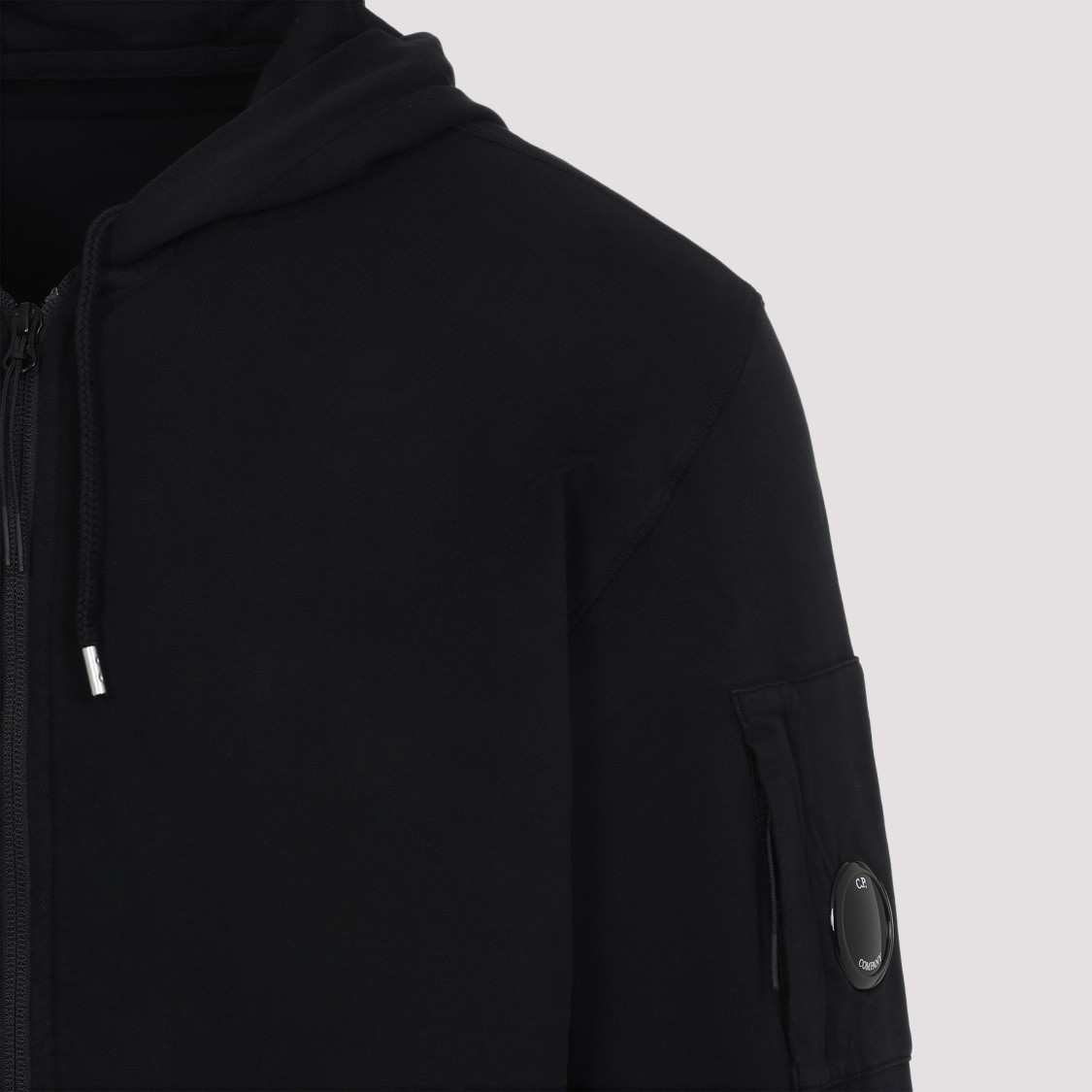 C.P. COMPANY C.P. COMPANY ZIP-UP BLACK HOODIE WITH ADJUSTABLE DRAWSTRINGS