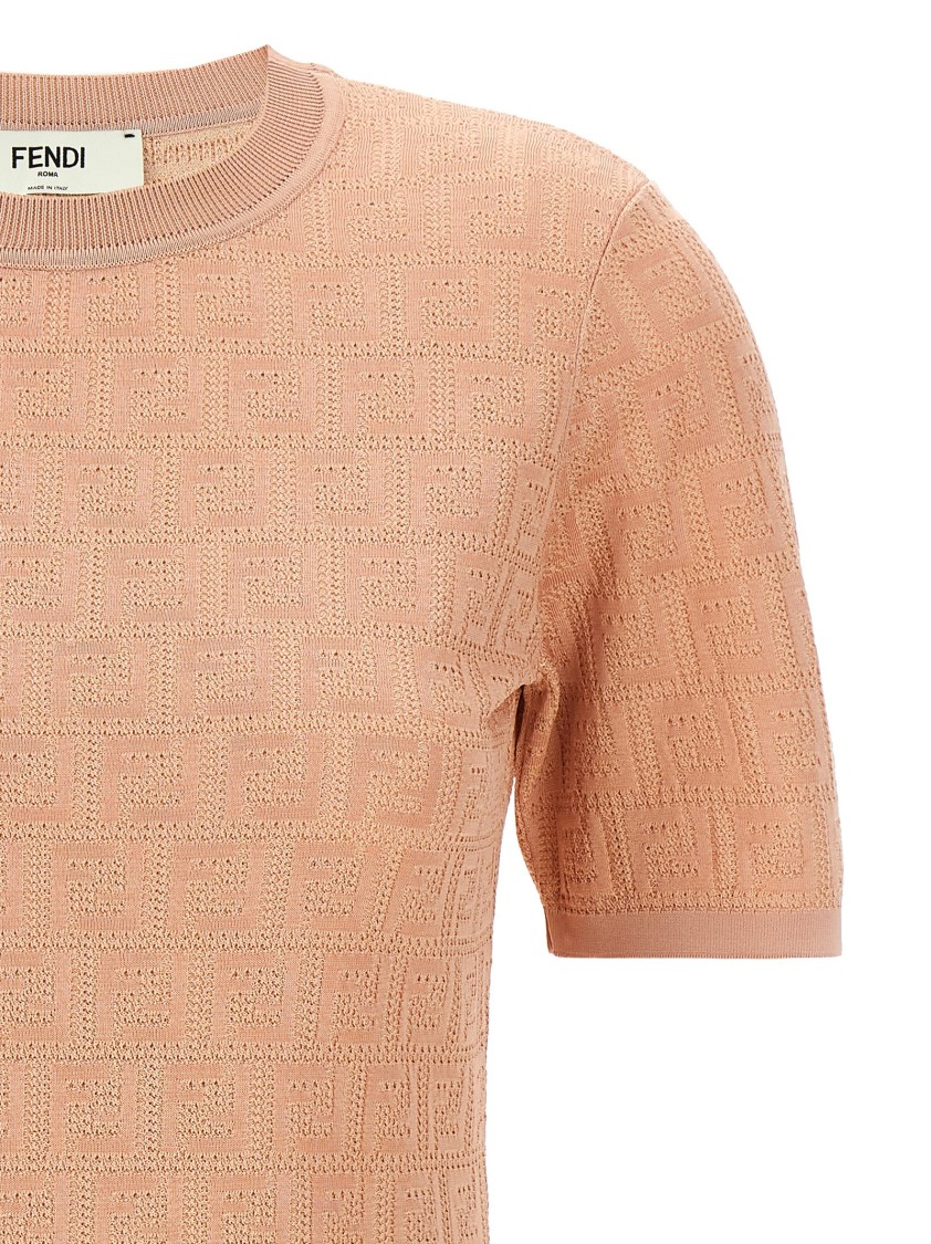 Fendi Cotton Short Sleeve Dress With Textured Pattern In Orange