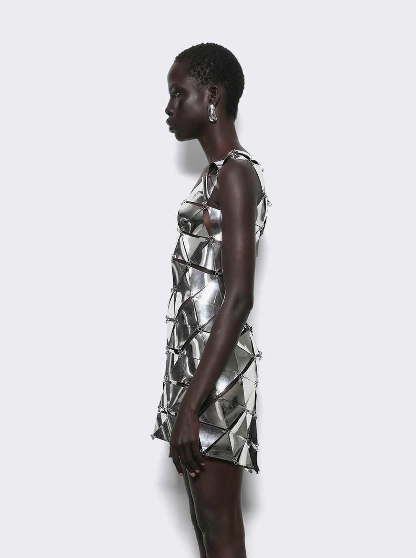 Rabanne Geometric Short Dress With Reflective Panels And Open Back In White
