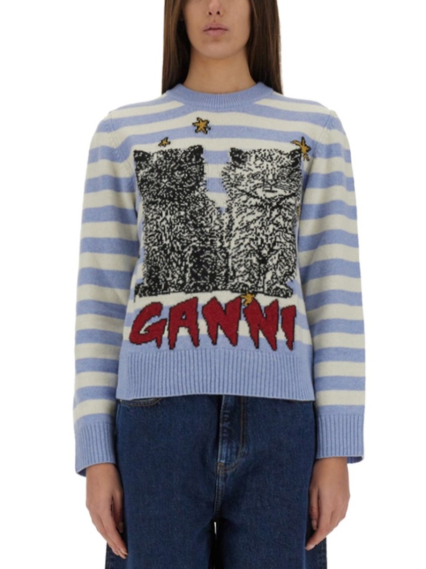 Ganni Light Blue Crewneck With Maxi Logo Print On The Front And All-over Striped Motif In Blue