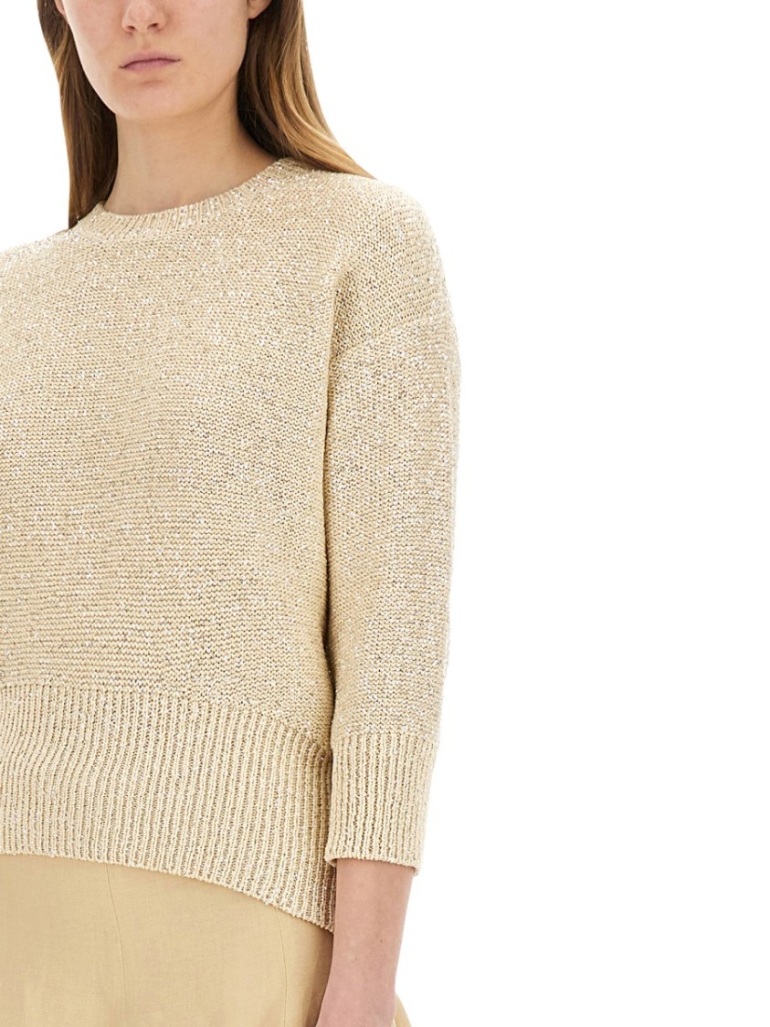 Fabiana Filippi Three-quarter Sleeve Cotton Jersey Top With Ribbed Hem In Neutrals