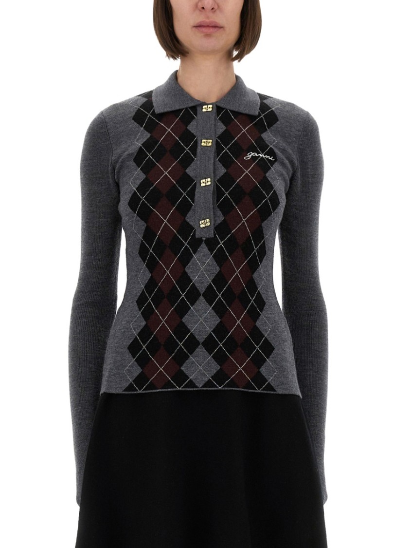 Ganni Grey Sweater With Classic Collar And Check Motif On The Front In Wool Woman In Gray