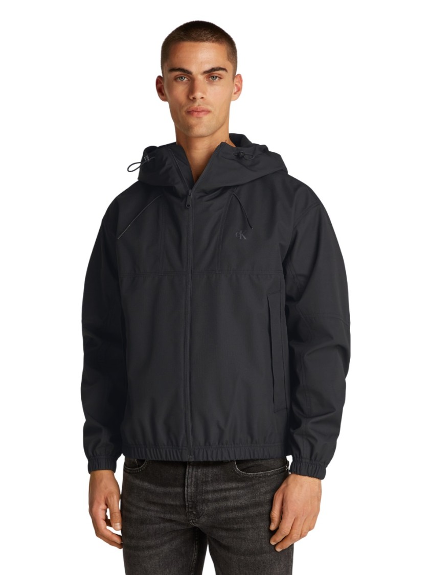 Calvin Klein Waterproof Black Drawstring Hood Jacket With Multiple Pockets In Black
