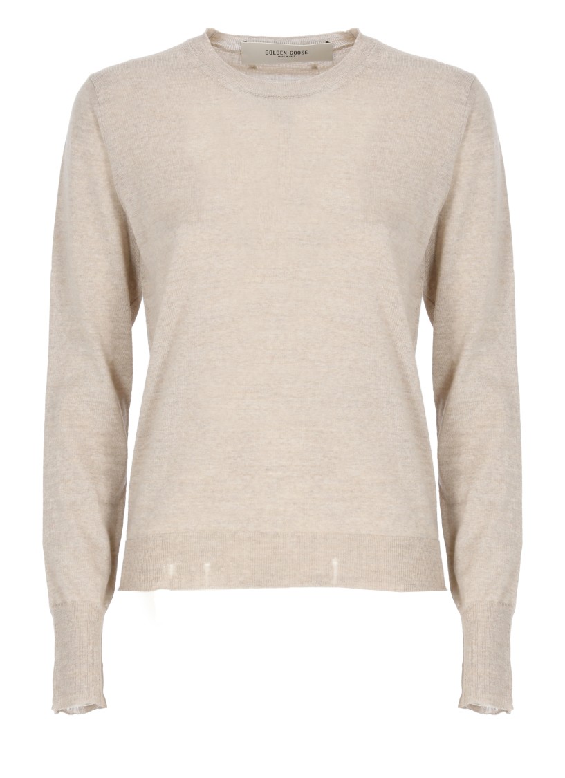 Golden Goose Lightweight Wool Crewneck Sweater With Ribbed Trims In Neutral