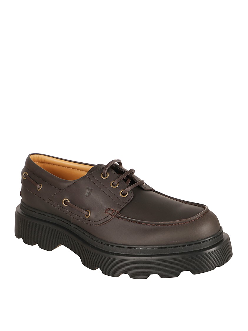 Tod's Brown Calfskin Lace-up Flat Shoes In Gray