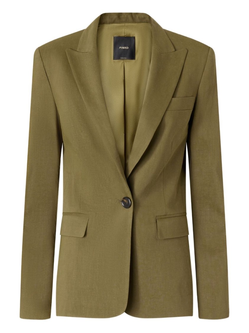 Pinko Tailored Green Linen-viscose Blazer With Notched Lapels