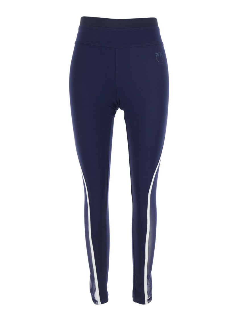 Pinko 'luna Piena' Blue Pants With Love Birds Diamond Cut Embroidery On The Front And Side Striped Detail