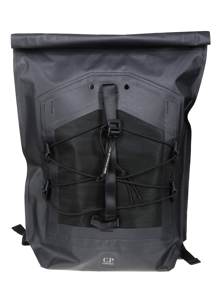 C.p. Company Modern Black Roll-top Backpack With Mesh Panel