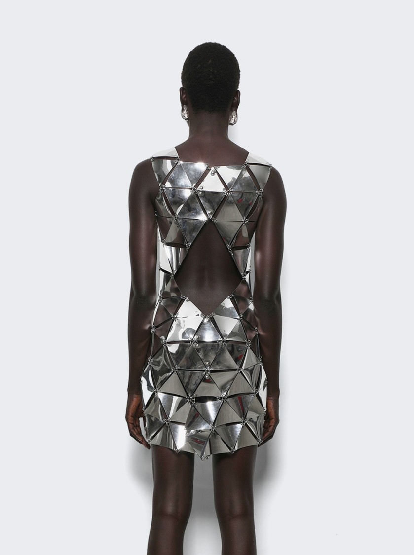 Rabanne Geometric Short Dress With Reflective Panels And Open Back In White