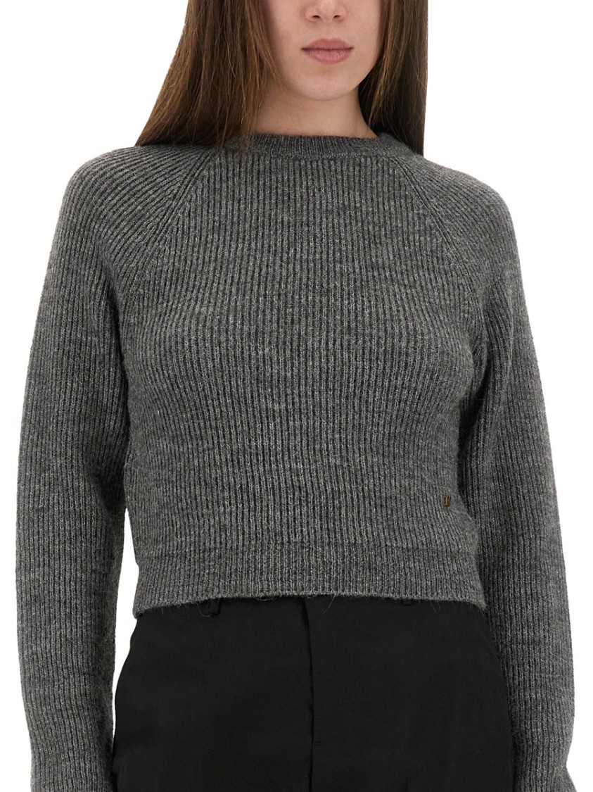 Moschino Ribbed Grey Cropped Sweater With Frayed Hem In Gray