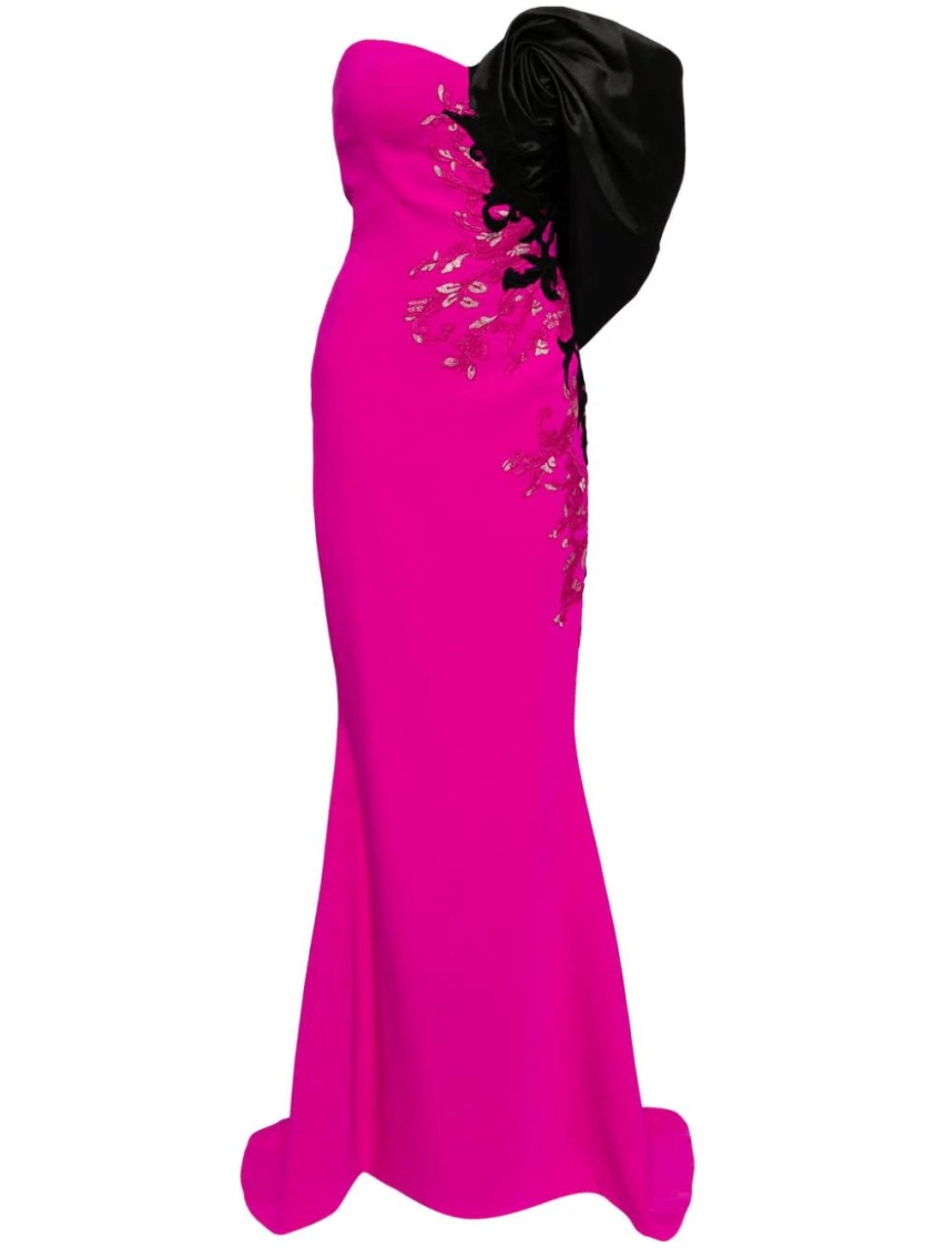 Saiid Kobeisy Crepe Gown With Mikado Off The Shoulder Sleeve In Pink