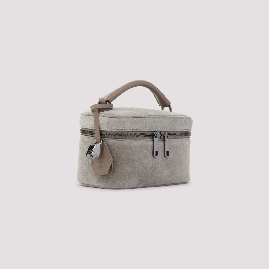 Brunello Cucinelli Structured Suede Leather Clutch With Top Handle In Gray