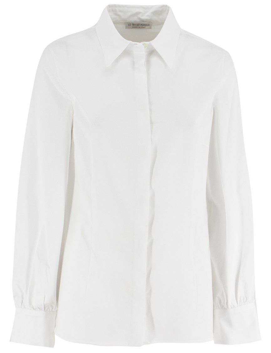 Le Tricot Perugia Long Sleeve Shirt With Hidden Button Closure In White