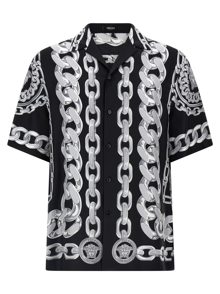 Versace Black And White Bowling Shirt With Cuban Collar And All-over Chain-link Print In Silk Man In Multi