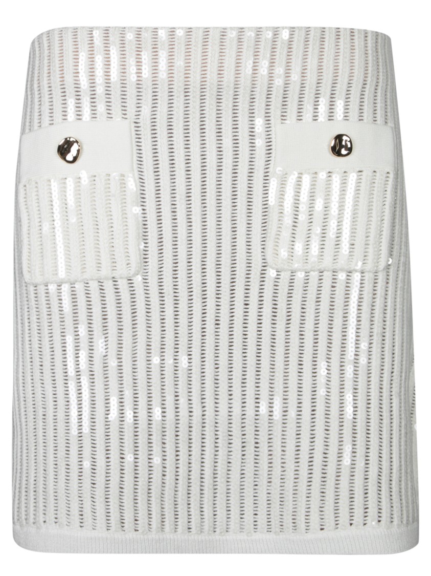 Self-portrait Mini Sequin Knit Skirt With Button-accented Pockets