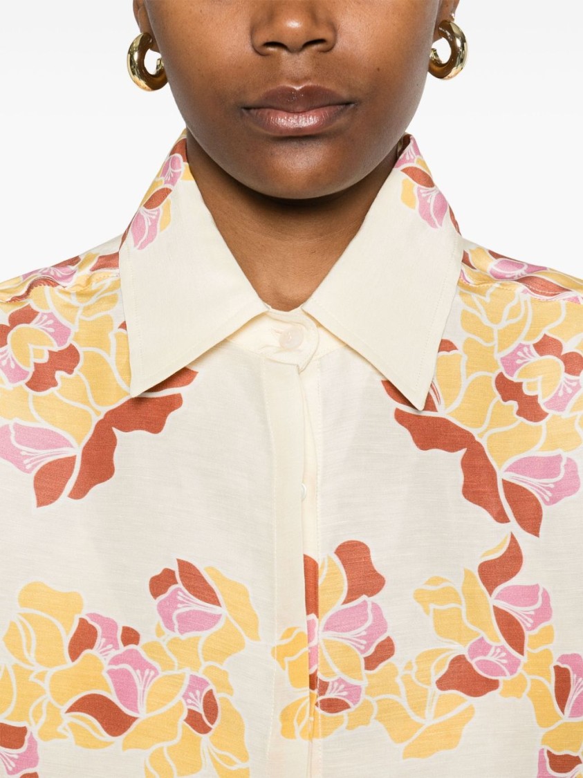 Shop Raquel Diniz Relaxed Ivory Linen Shirt With Floral Print In Neutrals