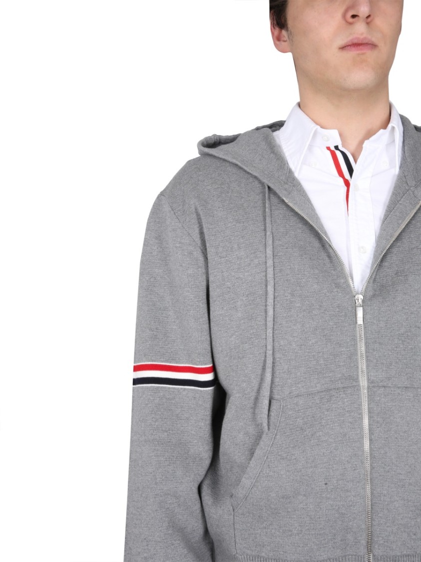 Thom Browne Zip-up Hoodie With Drawstring And Contrasting Striped Sleeves In Grey