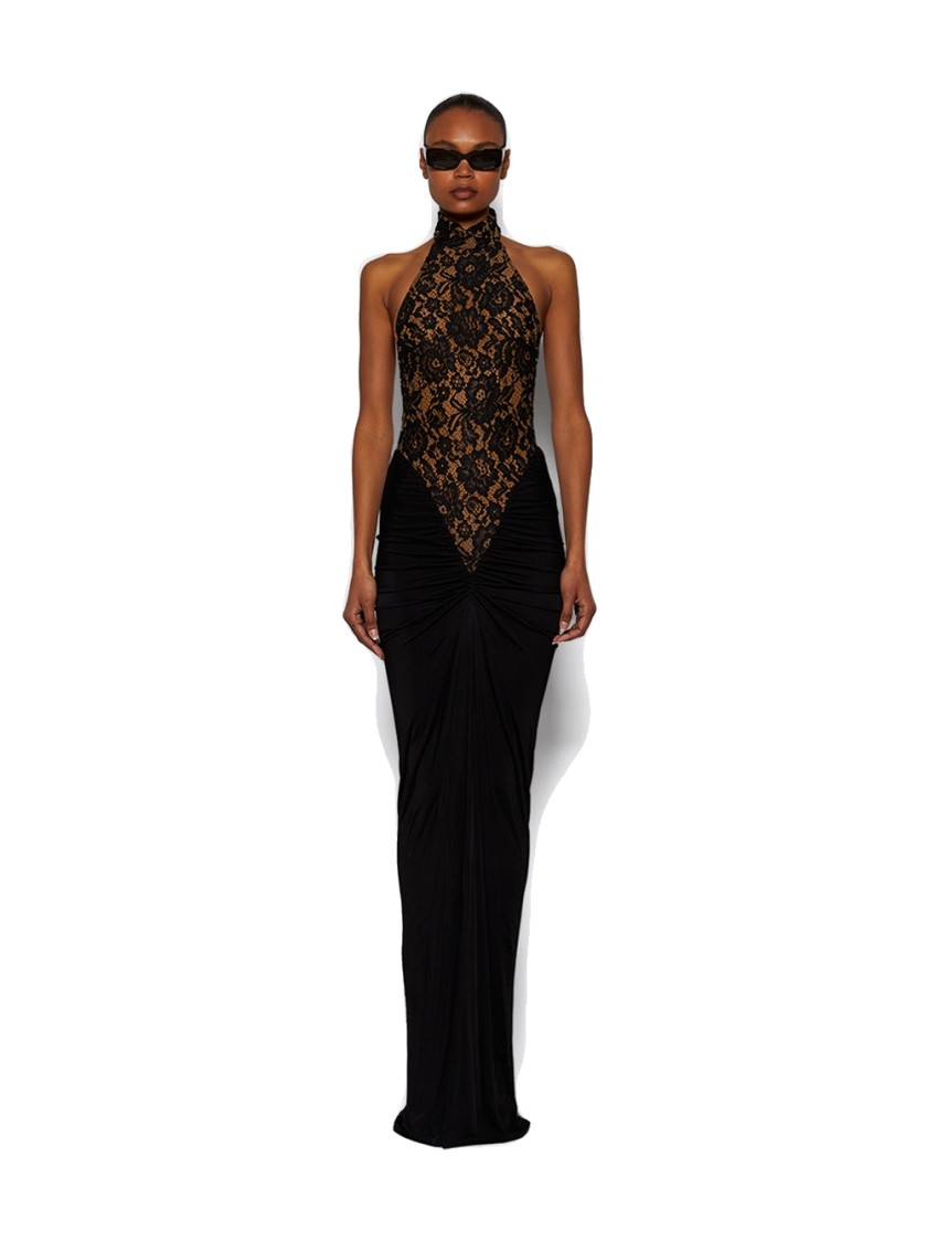 The New Arrivals By Ilkyaz Ozel Cass Lace Halterneck Gown Derriere Noir In Black