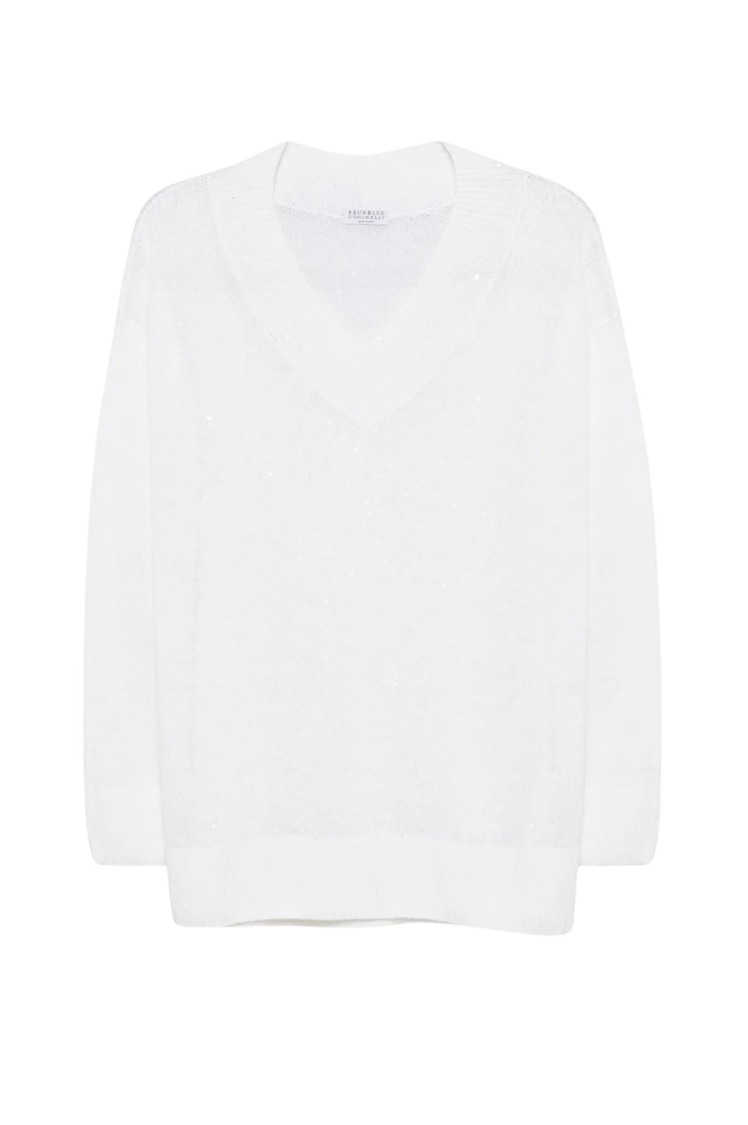 Brunello Cucinelli Relaxed Fit Lightweight Sweater With Deep V-neckline In White
