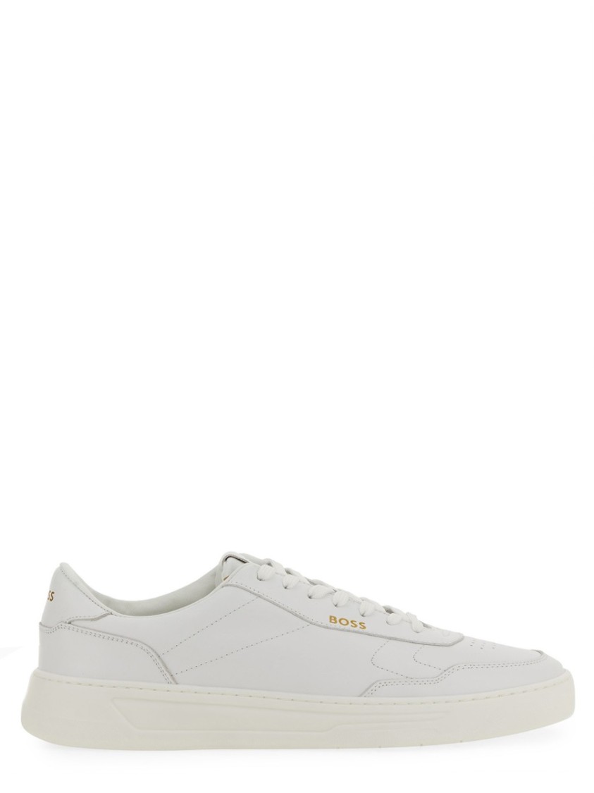 Hugo Boss Gary Tenn Mens Leather Low-top Trainers With Branded Lace Loop Nos In White