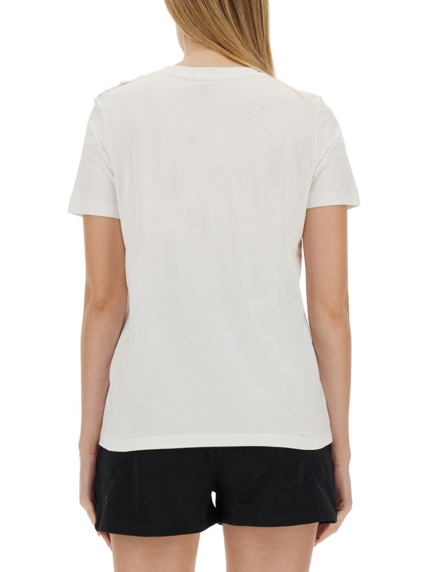 Balmain White Crewneck T-shirt With Logo Print And Golden Buttons In Jersey Woman